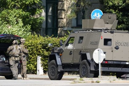 Police officers patrol after police fired shots at a suspicious person near the Israeli Consulate and a museum on the city's Nazi-era history in Munich, Germany, on Thursday, Sept. 5, 2024.