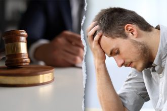 A lawyer signing court papers and a man with a stressed, sad expression